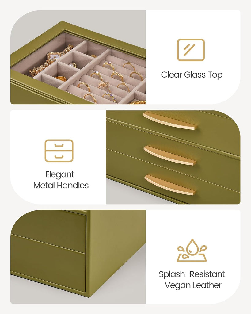 Jewelry Box Organizer with Glass Lid for Women -4Layer, Olive Green