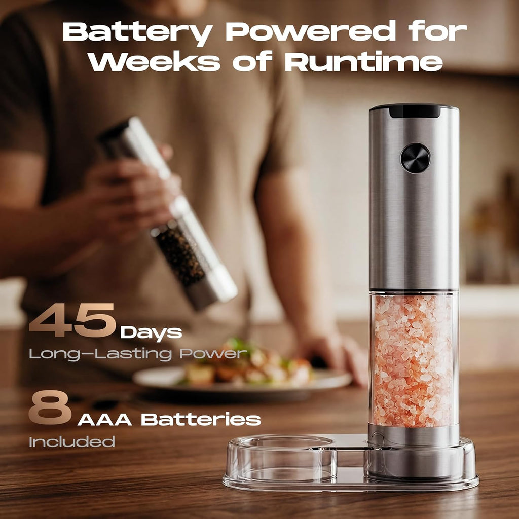 Electric Salt and Pepper Grinder Set, Battery Automatic Salt and Pepper Shaker with Adjustable Coarseness, Large