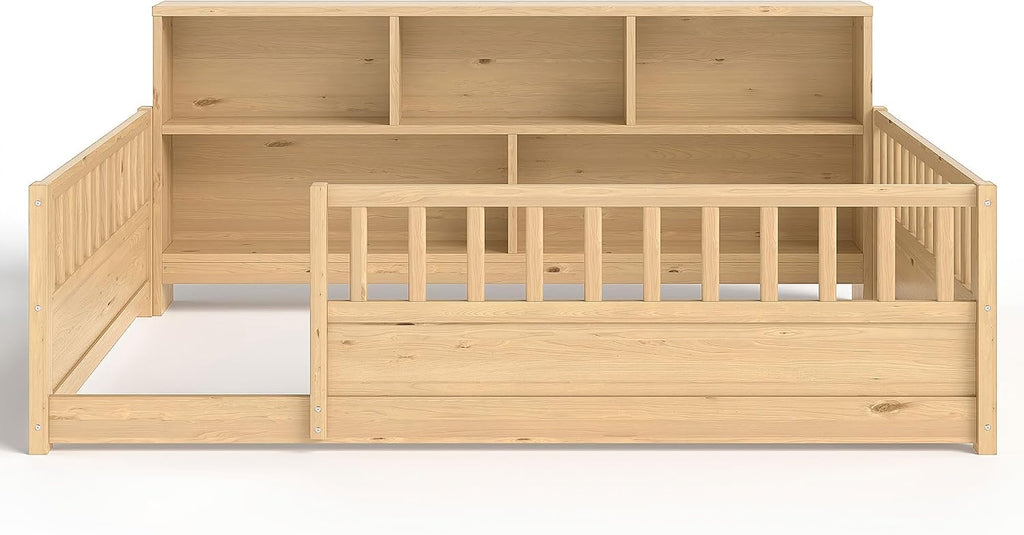 Montessori Floor Bed with Bookcase, Floor Bed with High Fence and Storage Shelves, Easy Assemble