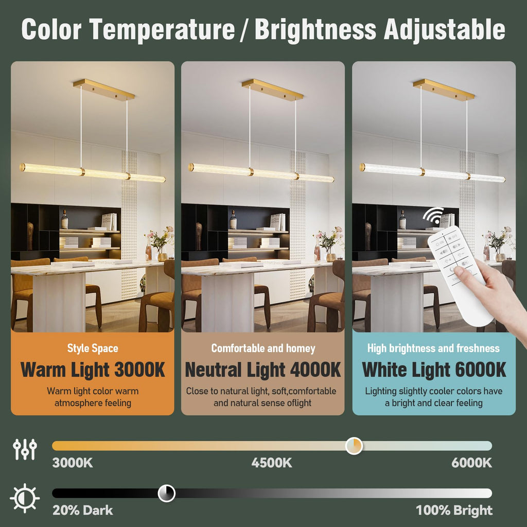 47" LED Linear Pendant Light Fixtures, Modern Dimmable Chandelier with Remote, Gold Island Lights, Bar, Pool Table