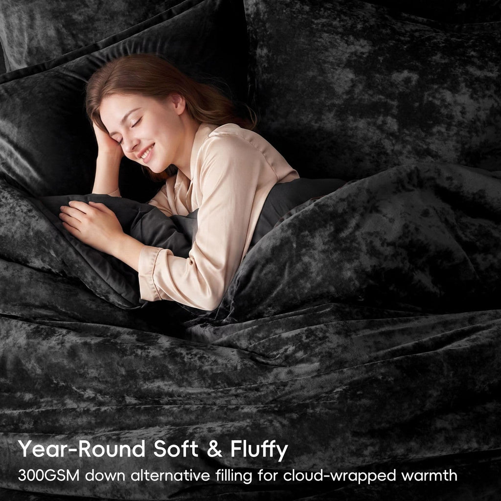 Crushed Velvet Comforter Queen Black, 5-Pc Winter Set