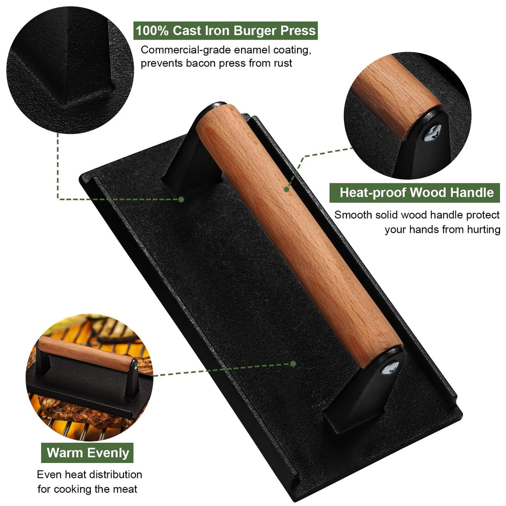 Burger Press, 7" Round & 8.2"X4.3" Rectangle Heavy-Duty Cast Iron Smash Bacon Press Meat Steak With Wood Handle for