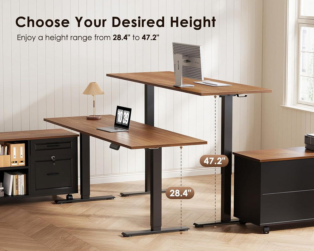 55" L Shaped Electric Standing Desk with Cabinet Sets, Walnut/Black | Mobile Drawers & File Cabinet Sets for Flexible