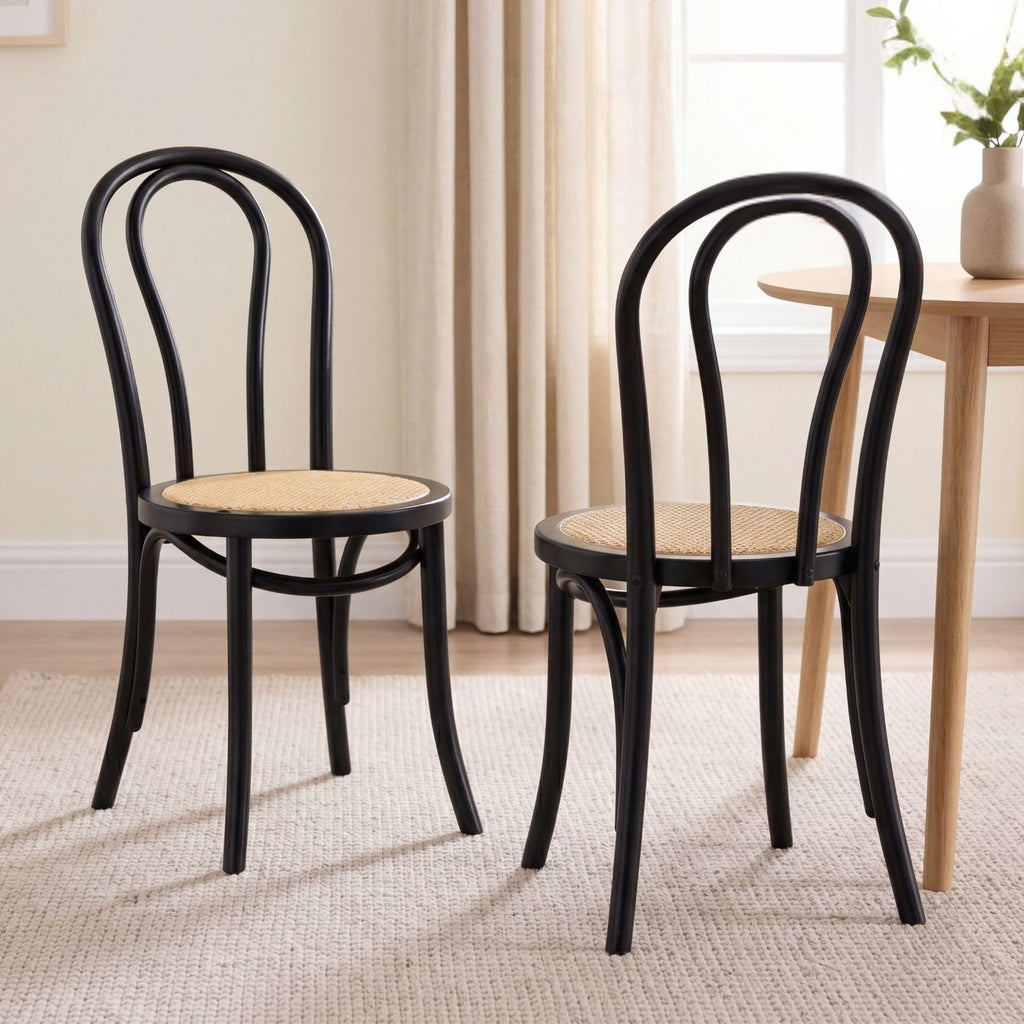 Solid Wood Dining Chairs Set of 2, French Bistro Dining Chairs, Solid Bentwood Chairs with Rattan Seat for