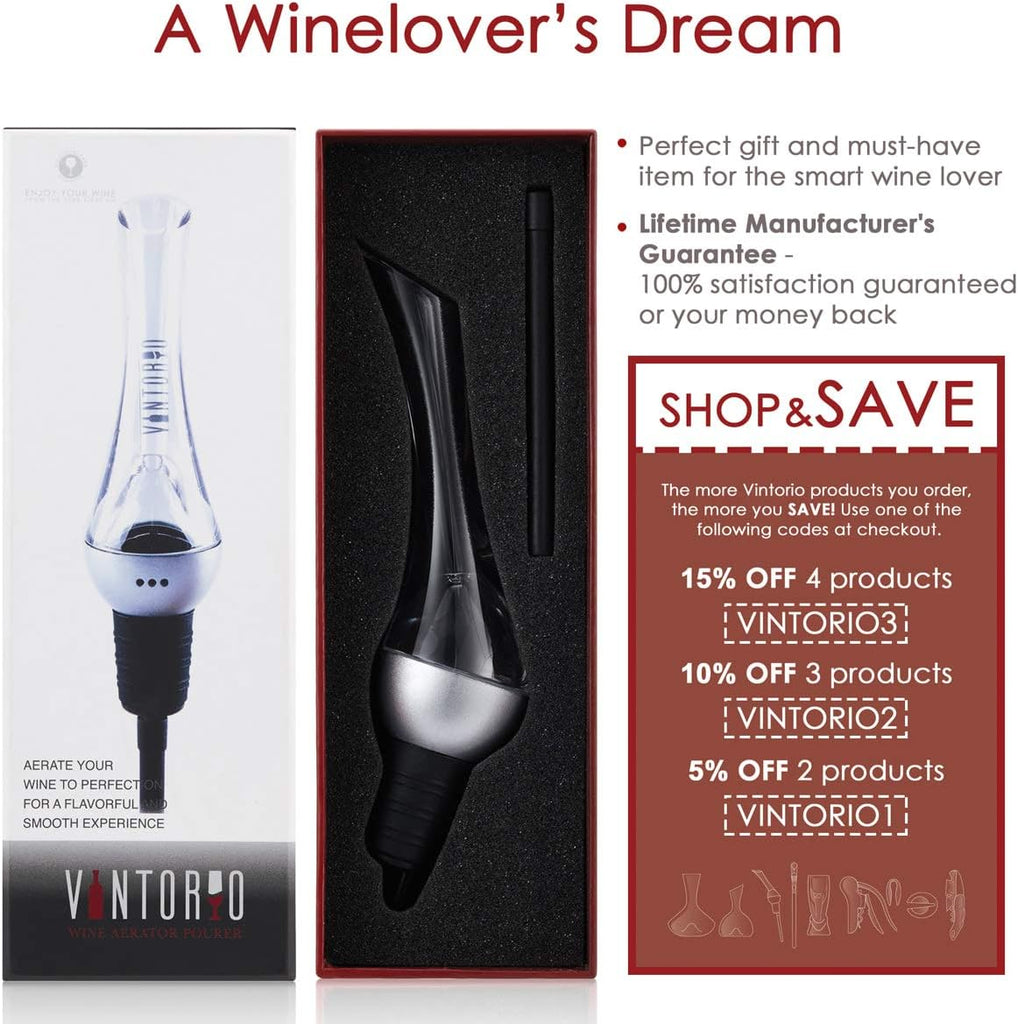 Wine Aerator Pourer - Premium Aerating Pourer and Decanter Spout (Silver)