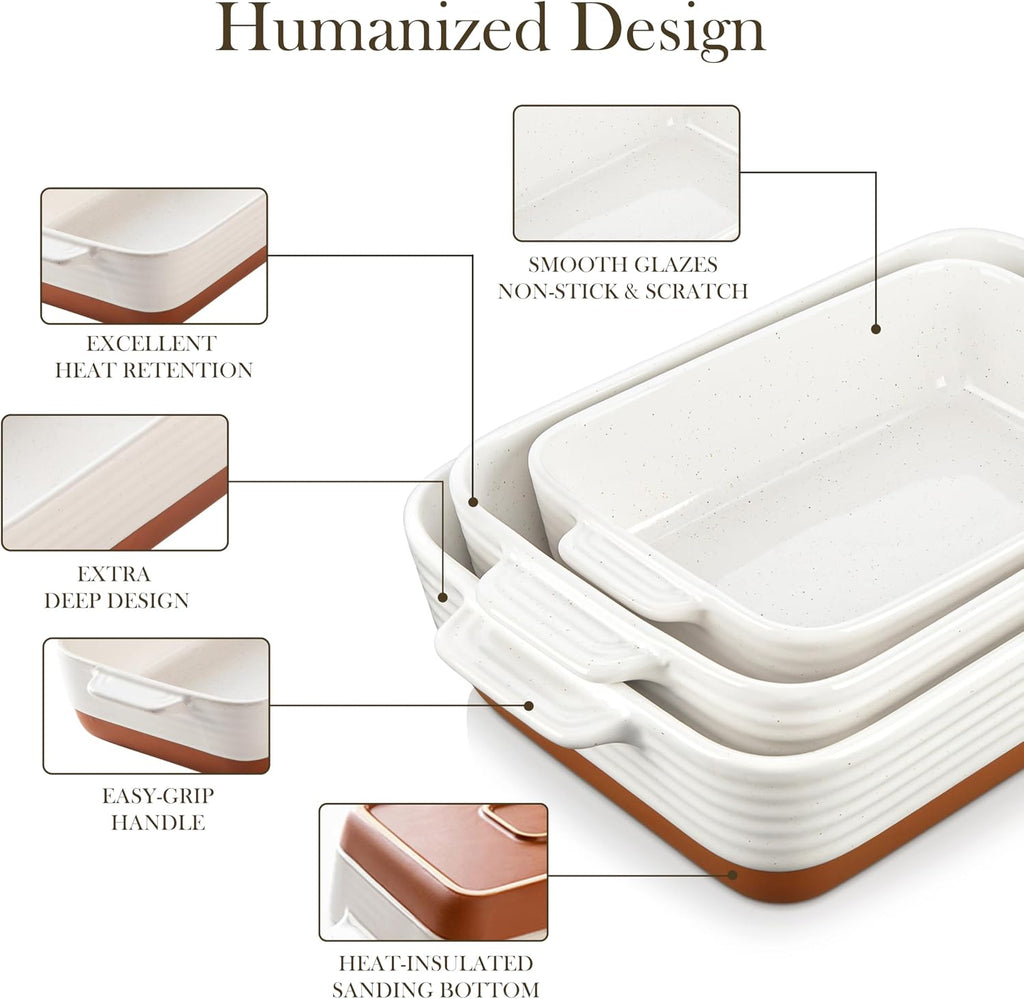 Casserole Dishes for Oven, Ceramic Dishes Set of 3, Pan Casserole Dish Set, Rectangular Lasagna Pan Deep with Handles