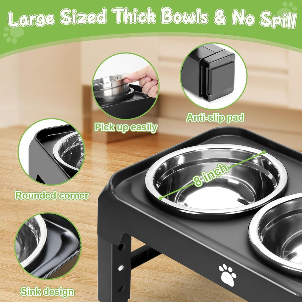 Elevated Bowls with Adjustable Heights - Raised Stand with 2 Stainless Steel Food Bowls, Non-Slip Foldable Feeder