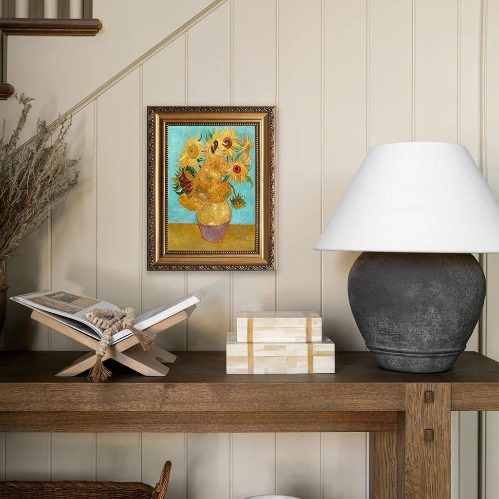 Van Gogh Wall Art Framed, Vintage Van Gogh Sunflowers Art Print, Impressionist Floral Painting, Vintage Teal Gold