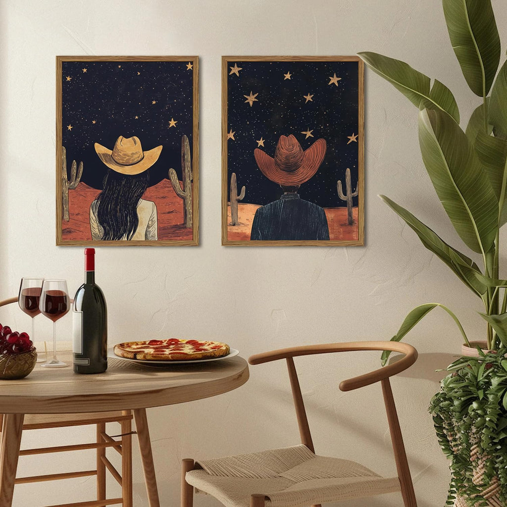Framed Boho Western Cowboy and Cowgirl Wall Art Set of 2, Vintage Southwestern Desert Starry Sky Cactus Pictures Wall