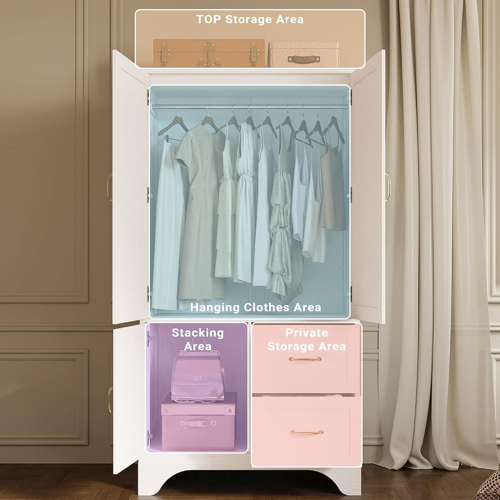 Armoire Wardrobe with Mirror, 3-Door Hanging Rod & Drawers | 3-door armoire with mirror. Hanging rod, 2 drawers, 4