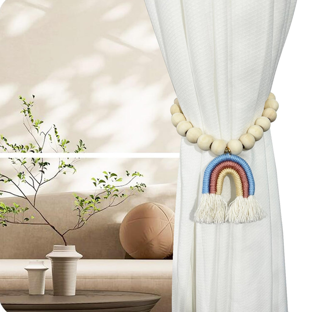 Wooden Beaded Curtain Tiebacks, Tassel Curtain Buckles Magnetic Curtain Buckles, Rainbow Tassel Curtain - 2 Pieces