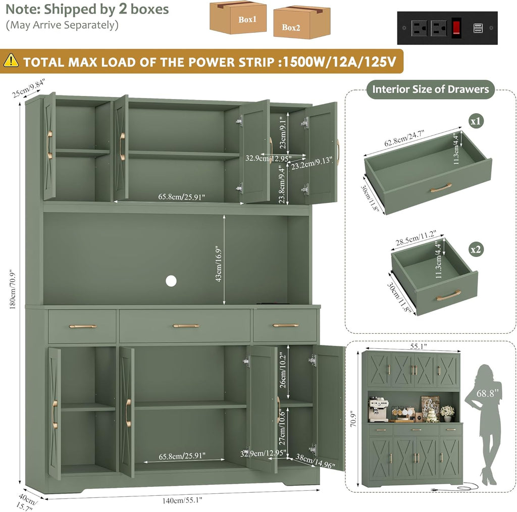 71" Tall Kitchen Pantry Storage Cabinet, 55" W Kitchen Hutch, Green | Large Pantry Cabinet with Charging Station /