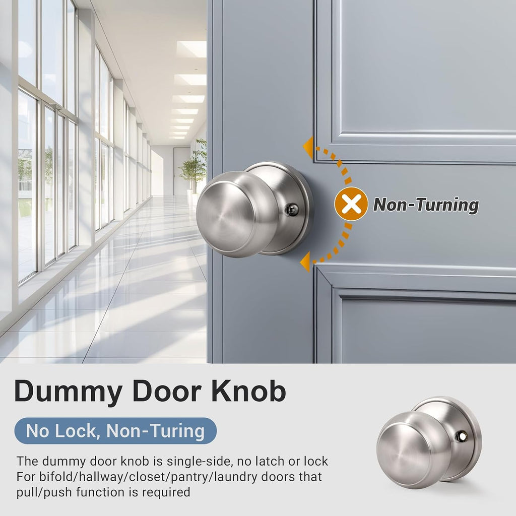 6 Pack Non-Turning Dummy Knobs - Keyless Closet Door Knobs Interior, Satin Nickel, Individual, Single Side