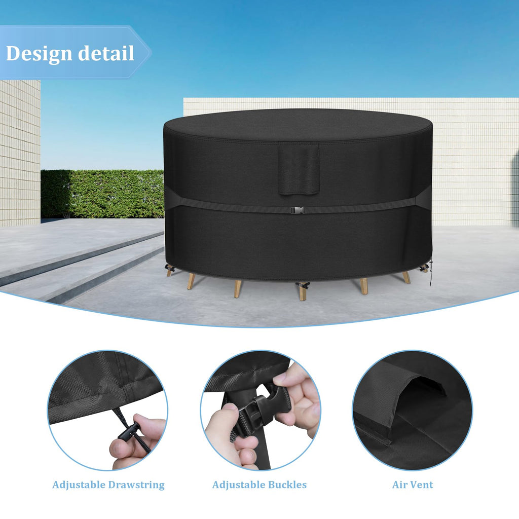 Round Patio Furniture Covers - 600D Heavy Duty Waterproof Outdoor Table Cover, Lawn Furniture Set Covers for Dining