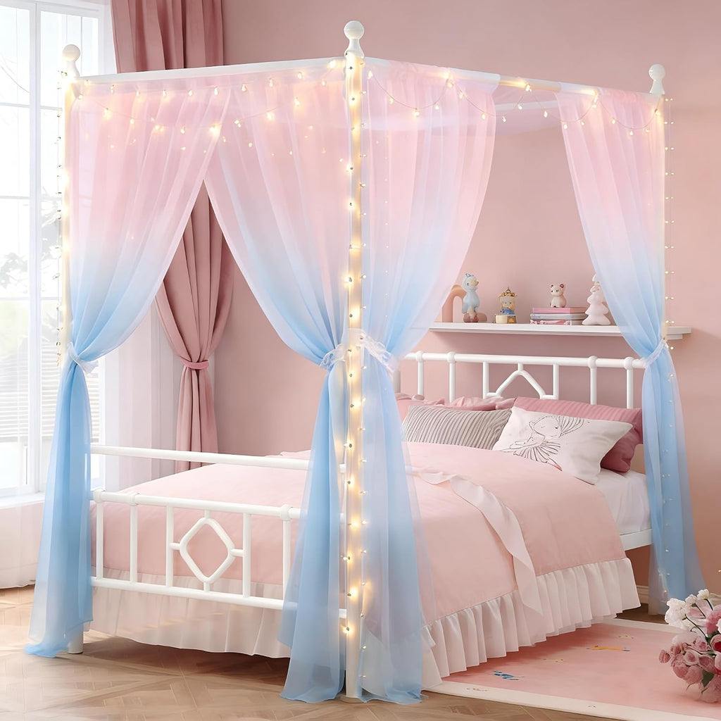 Twin Canopy Bed Frame with Storage Headboard,Noise-Free,White | 4 removable posts for dual-purpose style,Sturdy metal