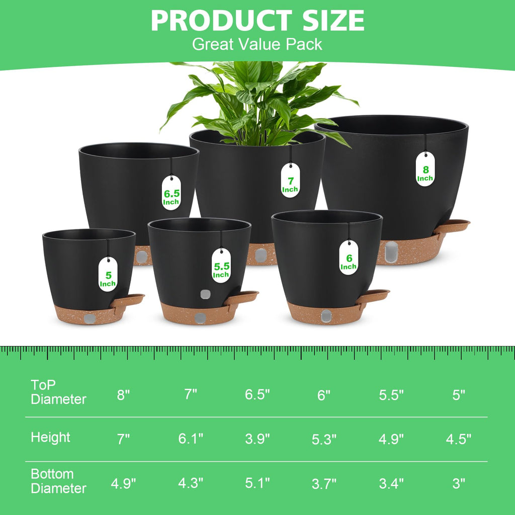 Self Watering Planter Set with Visual Water Level, 6Pack Small Plastic Pot with Drainage Holes and Reservoir Saucers