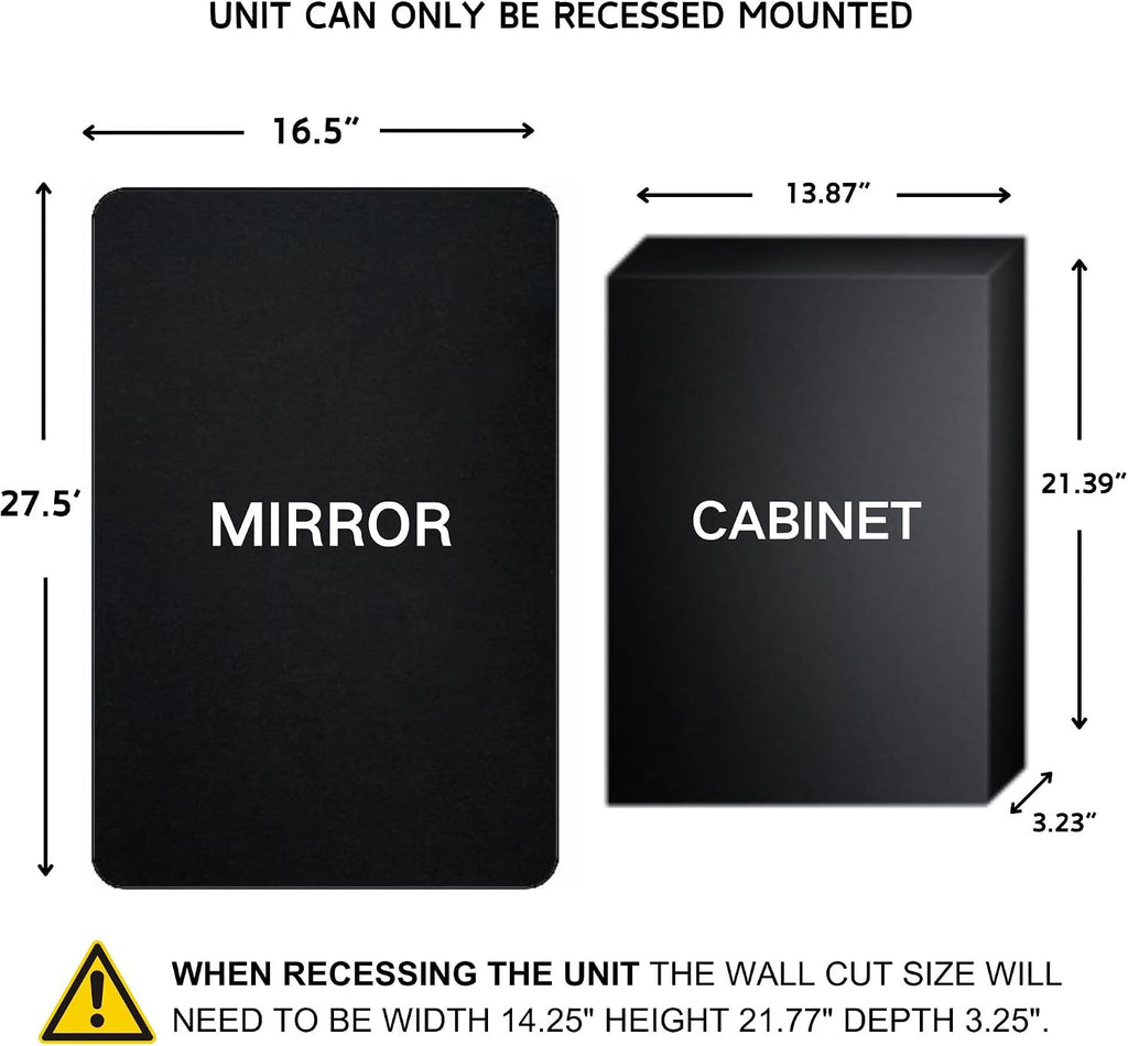 Matt Black Rectangle Recessed Bathroom Medicine Cabinet with Mirror Stainless Steel Metal Framed Rounded Rectangular