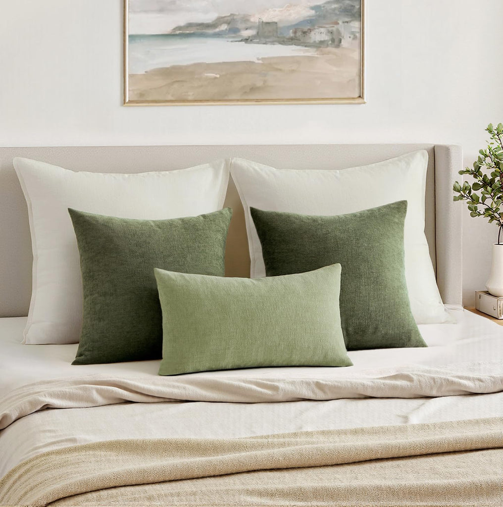 Olive Green Couch Pillow Covers 18x18 Inch, Set of 2 Soft Chenille Decorative Square Throw Pillow Covers Farmhouse