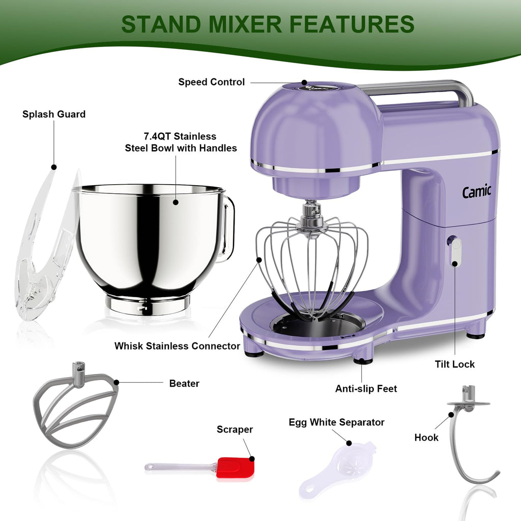 7.45 QT Tilt-Head Stand Mixer, Electric Mixer for Baking (Light-Purple)