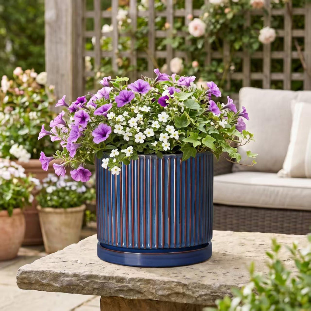Ceramic Planter, 10 Inch Plant Pots with Saucer, Retro Blue