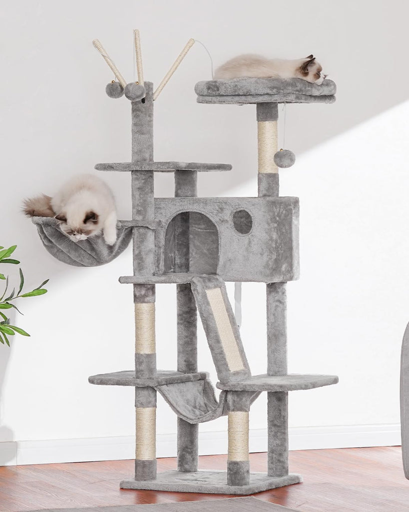 Cat Tree, 53 inch Cat Tower for Indoor Cats, Cat House with Padded Platform Bed, Toy Balls, Large Cozy Condo