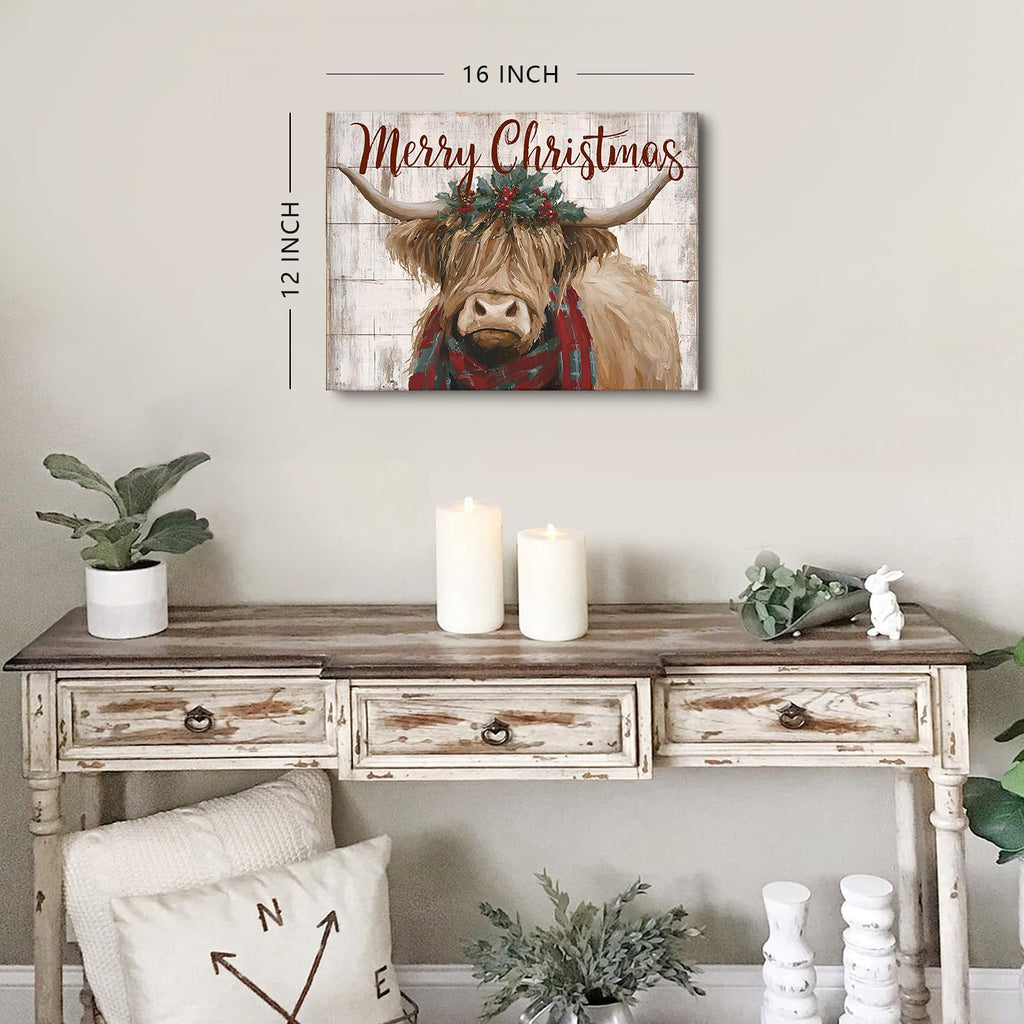 Christmas Highland Cow Wall Art Merry Christmas Sign Poster Rustic Farmhouse Cow Pictures Wall Decor Rustic Wood