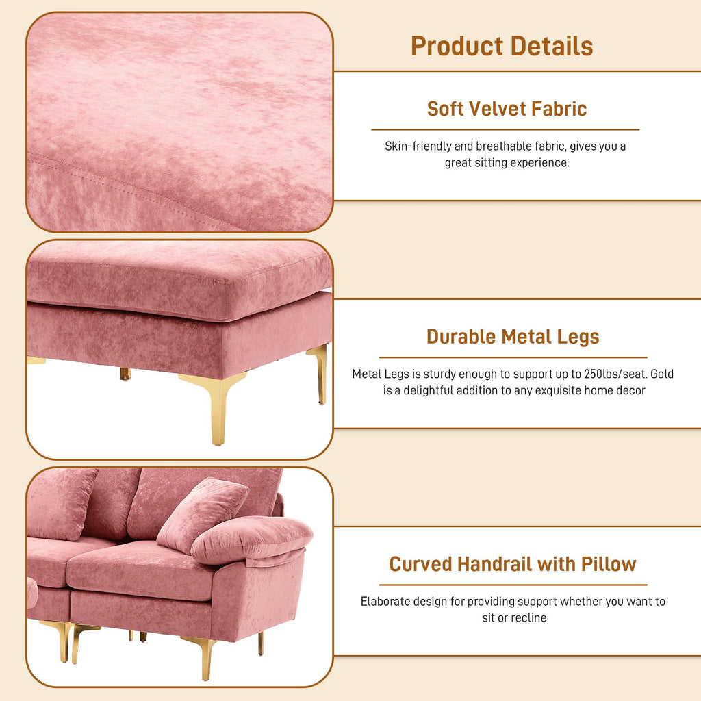 114" U-Shaped Sectional Couch with Ottoman, Pink