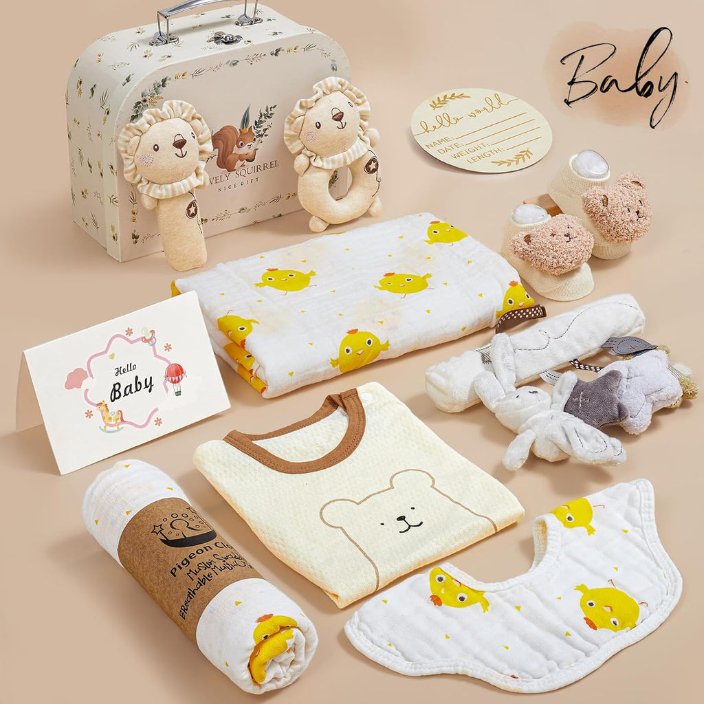 9pcs Newborn Baby Gift Baskets for Boys Girls Baby Shower, 2 Rattle/Seat Hang Toy/Blanket/Bodysuit/Bib/ 3D Socks/Wood