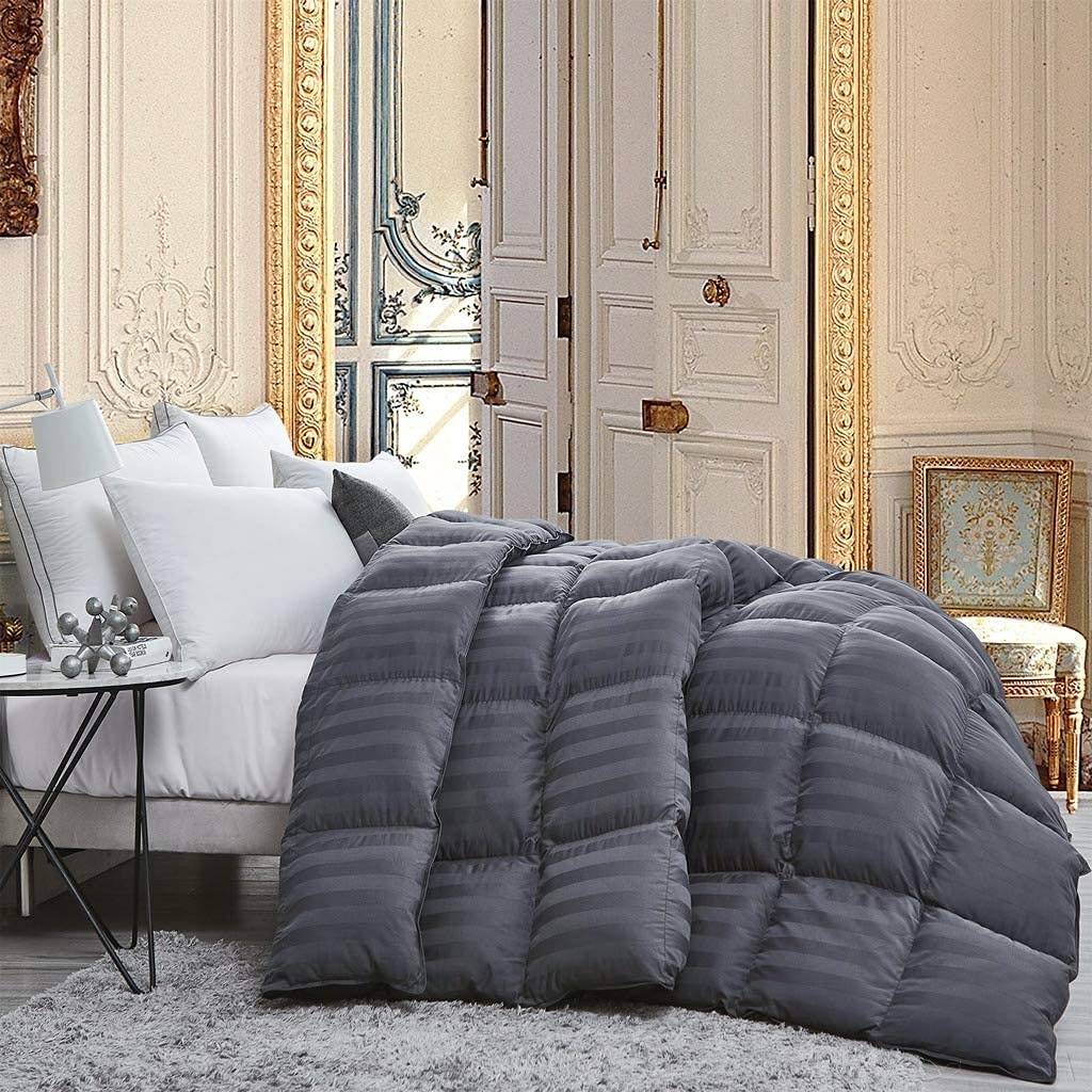 Luxurious Goose Down Comforter Duvet Insert, California King Gray Stripe Design, 1200 Thread Count 100% Egyptian