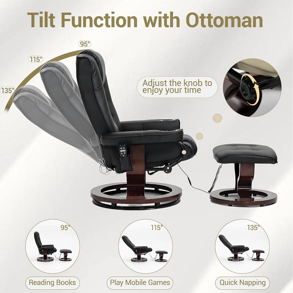 Modern Reclining Lounge Chair and Ottoman — Black PU Leather