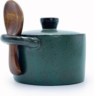 8 oz Ceramic Salt Cellar with Lid & Wooden Spoon,Countertop Salt Container,Sugar Bowl,Spices Jar| Artisan Kitchen