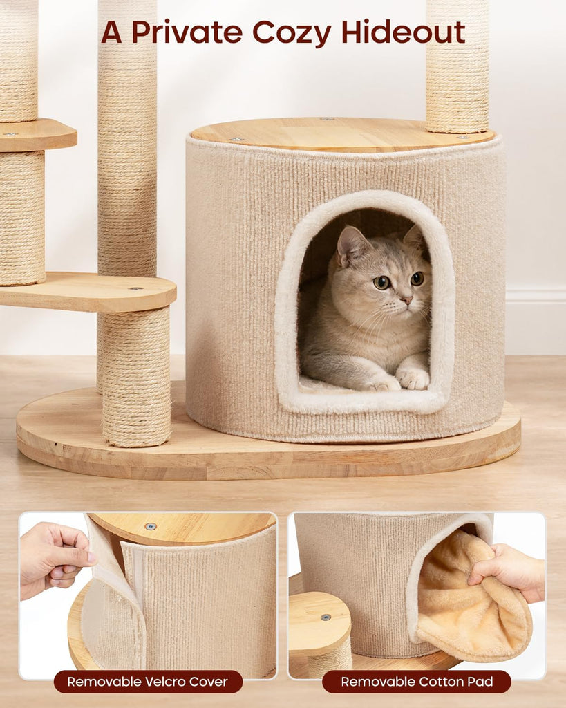 Solid Wood Cat Tree for Kitten & Munchkin, Modern Cat Tower with Low-Rise Steps, Indoor Multi-Level Aesthetic Boho