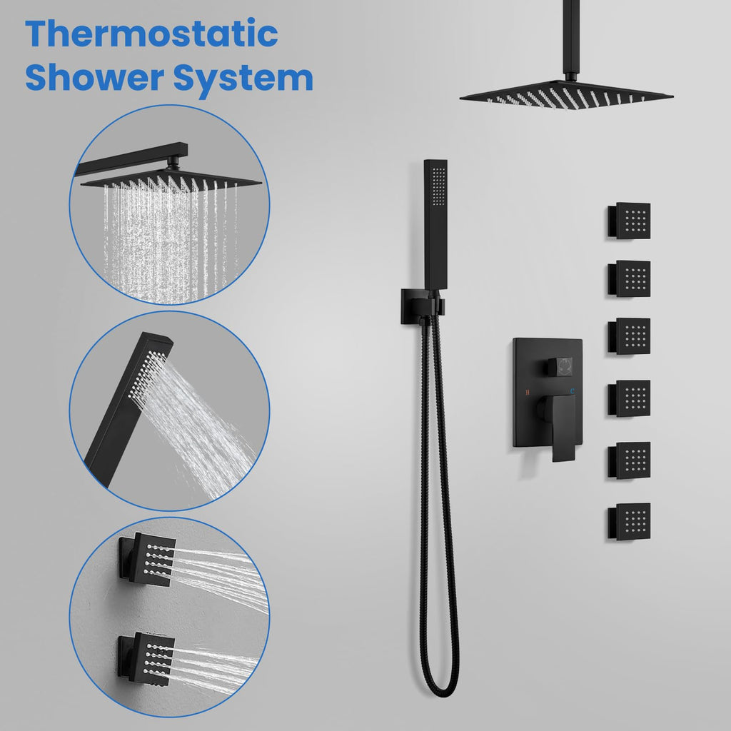 Rainfall Shower System with Full Body Jets 6pcs Matte Black