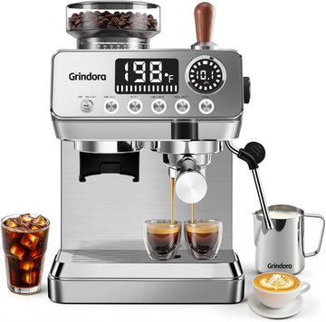 Espresso Machine with Grinder,20 Bar,44 Grind Setting,Milk Frother | Stainless Steel Coffee Maker , Temp Control