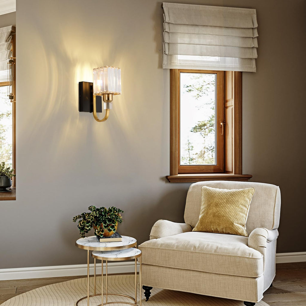 Modern Crystal Wall Sconce with Plug，Black Gold Wall Mounted Light Fixture, Plug-in Vanity Light with On/Off Switch