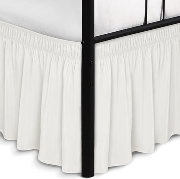Wrap Around Queen Size Bed Skirt Split Corner 18" Drop-Elastic Dust Ruffle | Ivory Adjustable Pleated Bedskirt-Easy