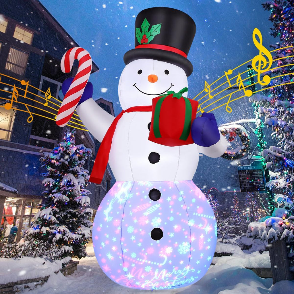 8 FT Christmas Inflatables Snowman and Gift Box with Built-in Music & 360° Rotation Colorful Projector LED Light