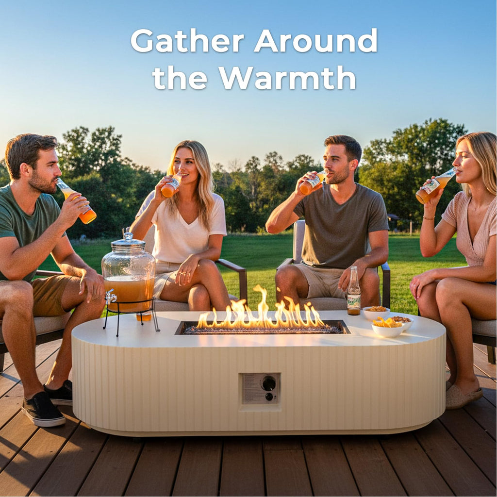 60" Oval Propane/Natural Gas Fire Pit Table, 50000 BTU Outdoor Patio, Beige