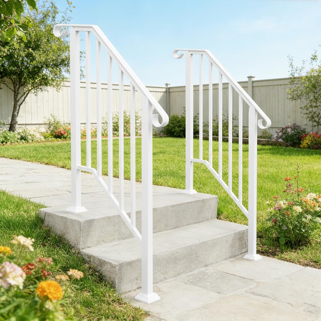 2 Pack 3 Step Handrails for Outdoor Steps, Wrought Iron Stair Railing Fits 2 or 3 Steps, Metal Hand Railing with