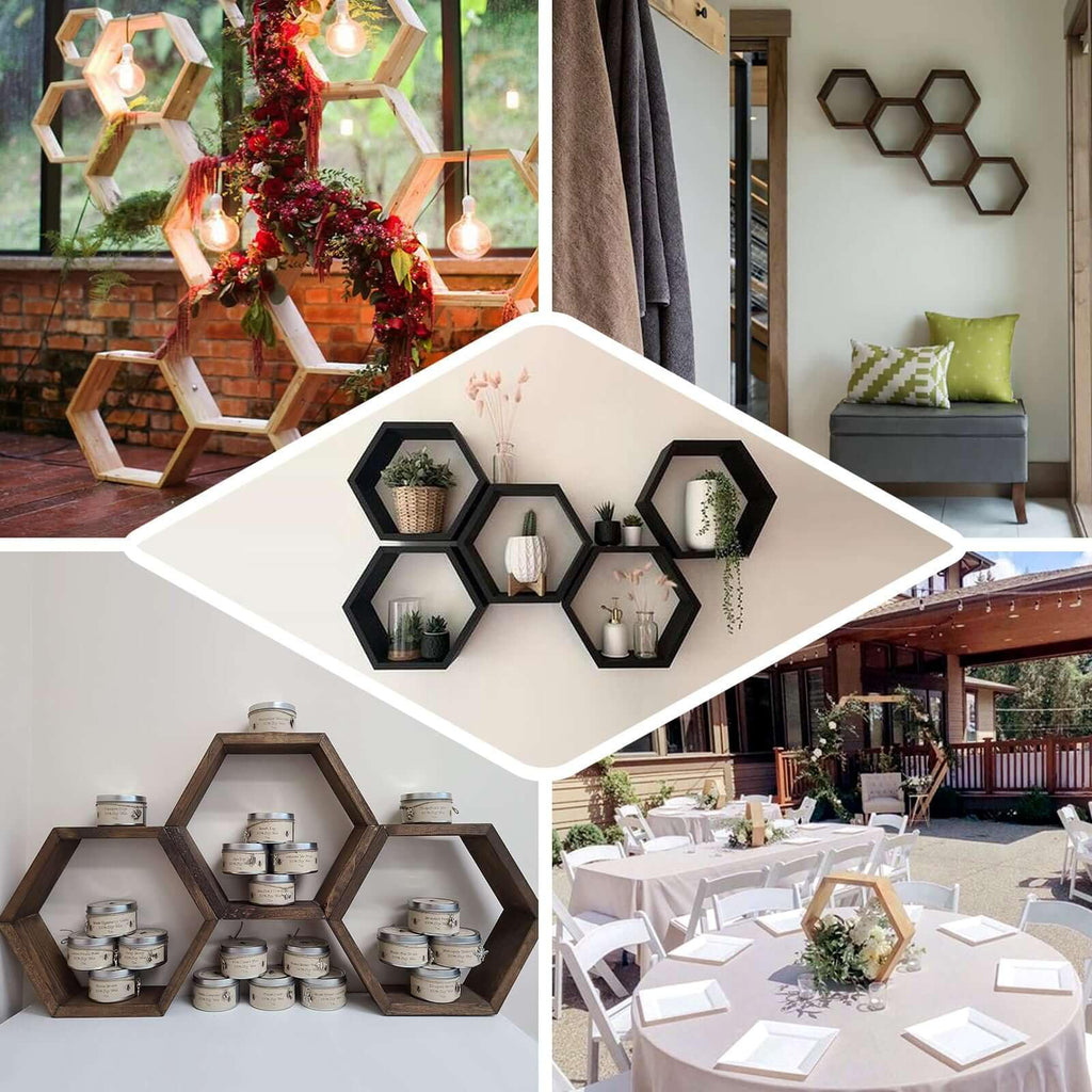 2 Pack | 9" Hexagon Whitewashed Wood Centerpiece, Geometric Terrarium, Honeycomb Storage Shelf