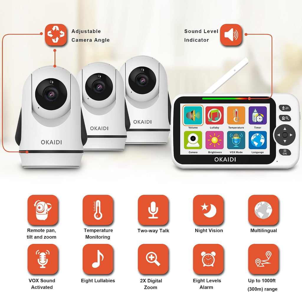 5" Screen Pan-Tilt-Zoom Video Baby Monitor with 3 Cameras No WiFi