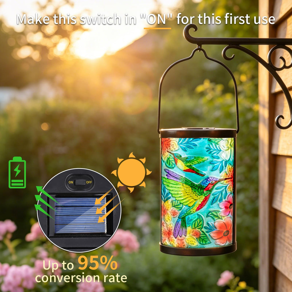 Hummingbird Solar Lantern, Hanging Glass Outdoor Garden Light