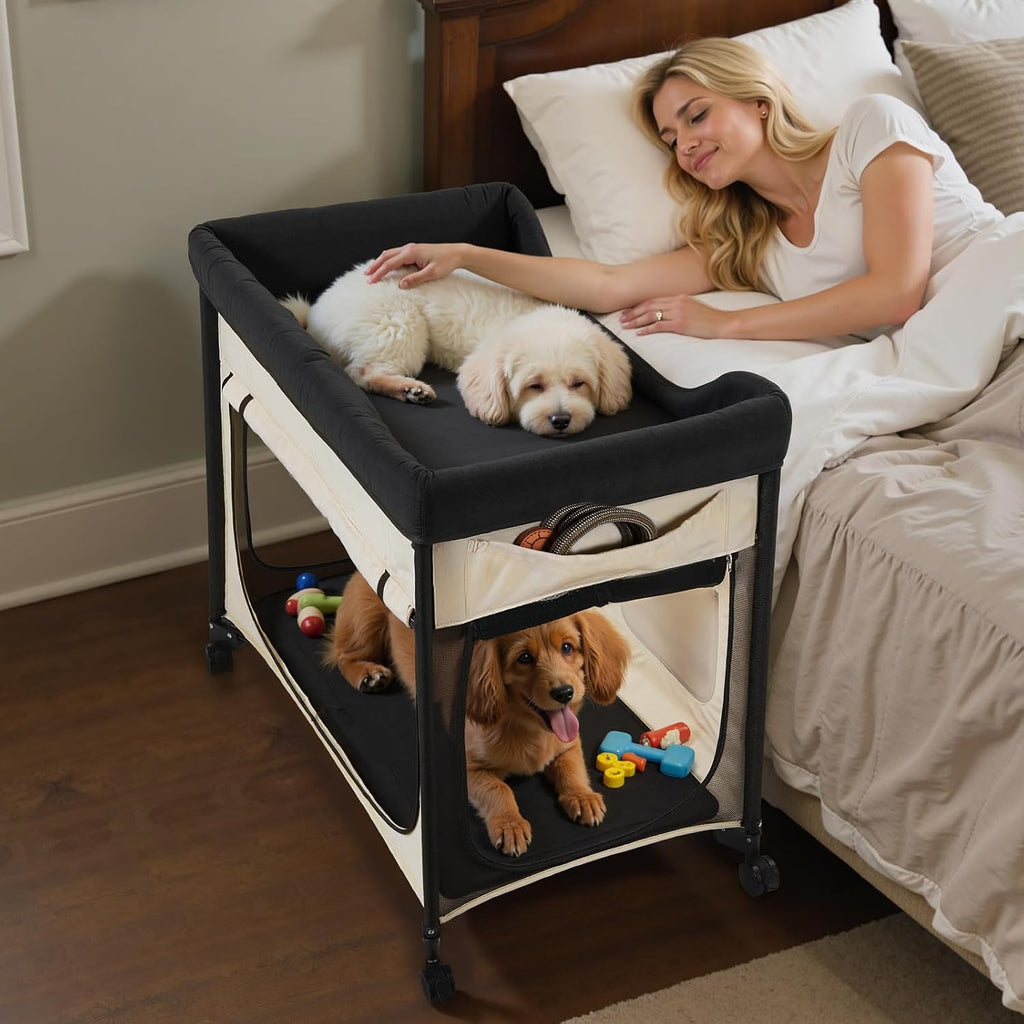 Bedside Lounge Pet Bed, Foldable Bunk Dog Bed with 600D Oxford Cloth and Dutch Velvet, Portable Raised Cot