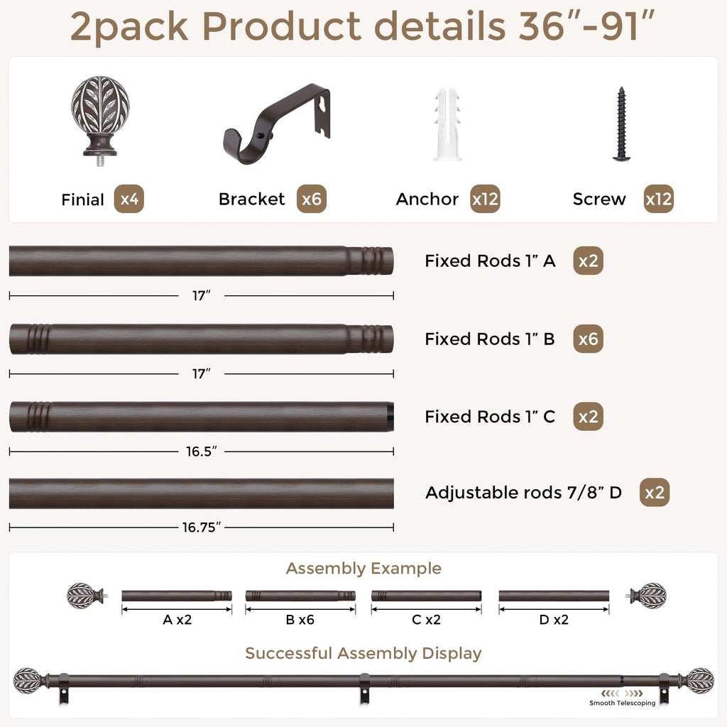 2 Pack Wood Boho Decorative Curtain Rod, 36-91 Inch, Walnut