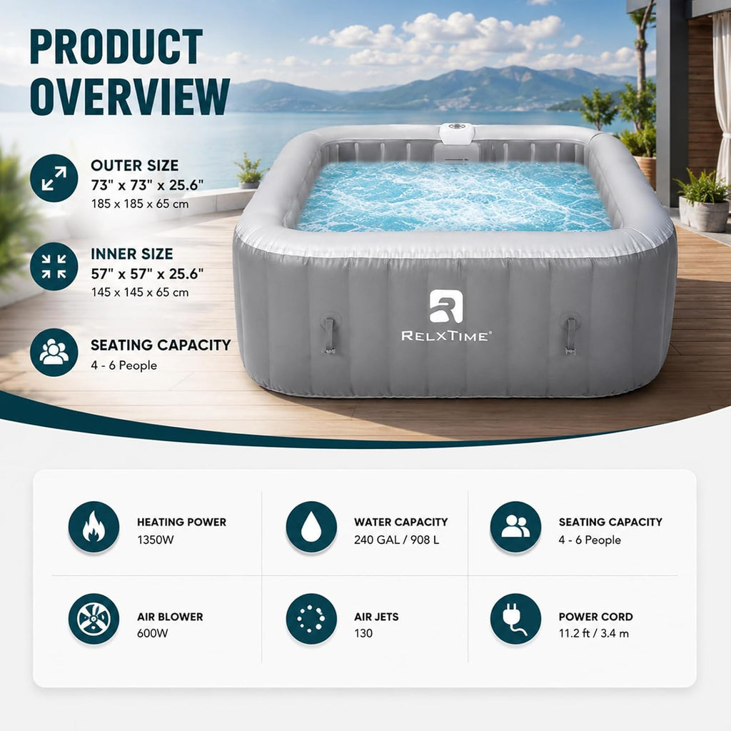 Inflatable Hot Tub 4-6 Person, Portable Blow Up Spa, Blow Up Hottub Outdoor | with 130 Air Jets, Heater Pump, for