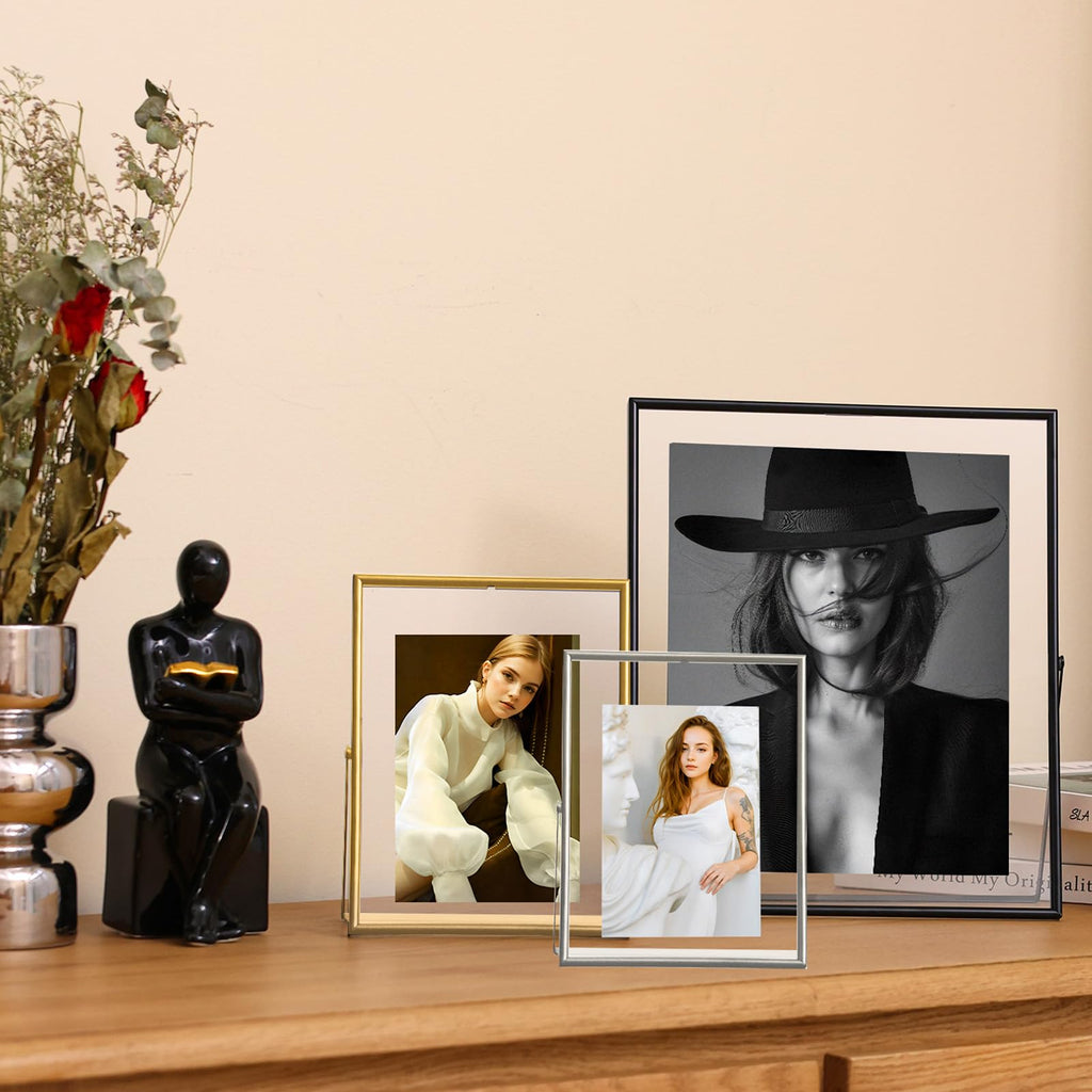 5x7 Black Floating Frame Set of 2, Metal Glass Picture Frames, For Picture 4x6, 3.5x5, 2x3 Wall Mount or Tabletop Shelf