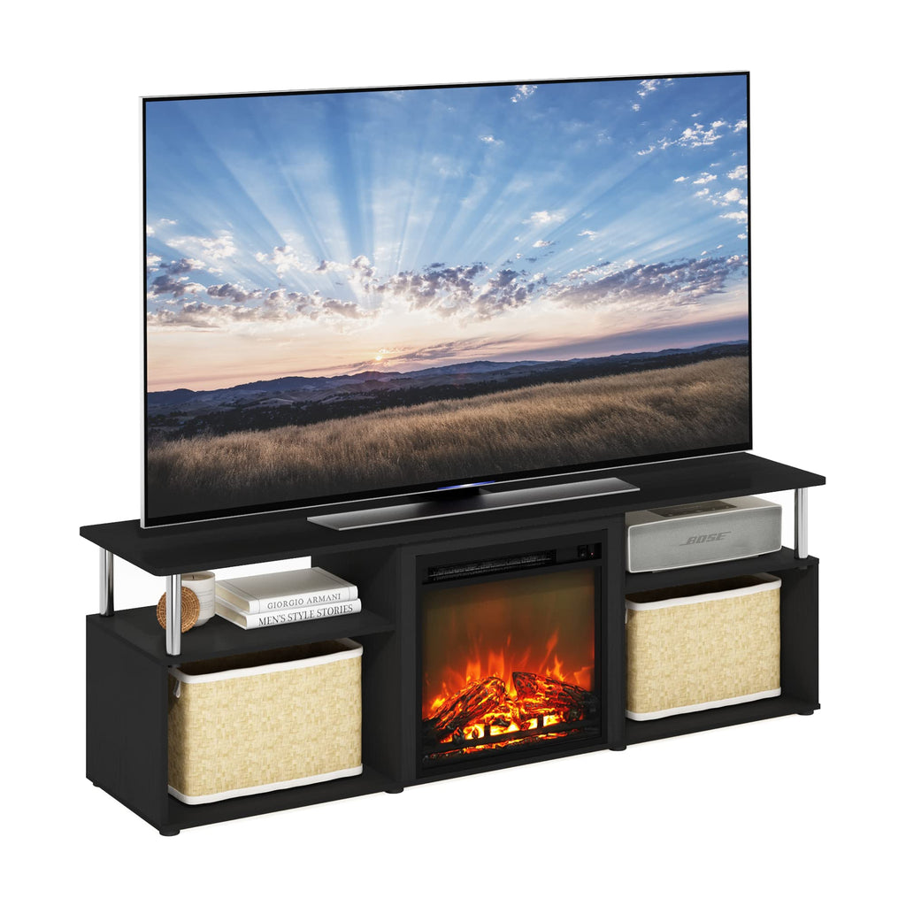 Jensen Open Storage Fireplace Entertainment Center for TV up to 70 Inch with Stainless Steel Tubes, Americano/Chrome