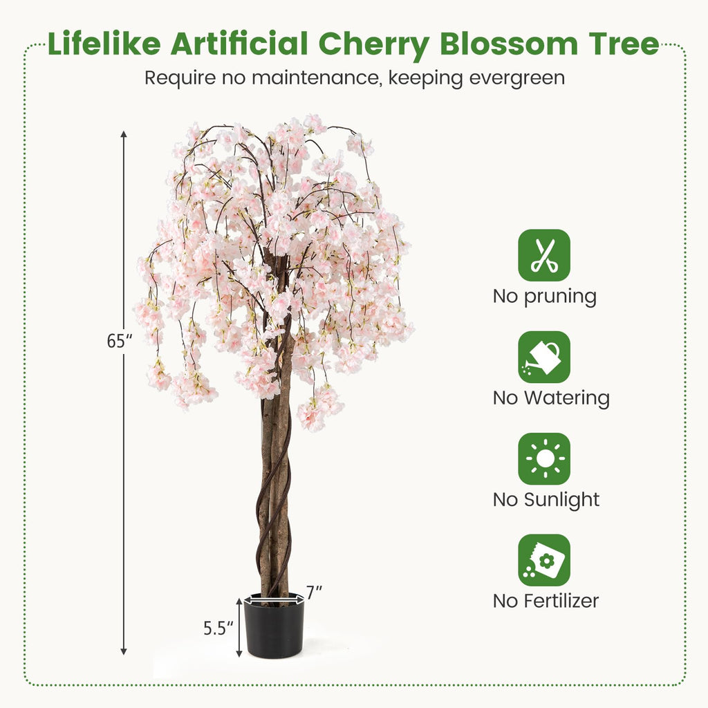 5.5FT Artificial Cherry Blossom Tree, Fake Flower Tree, Faux Floral Plant Blooming Tree Pot with White Flowers, Tall