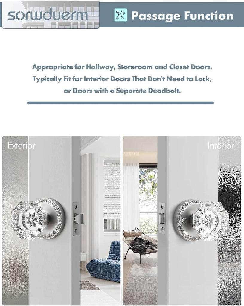 Door Knob Brushed Nickel Passage Crystal Glass Interior 1 Pack