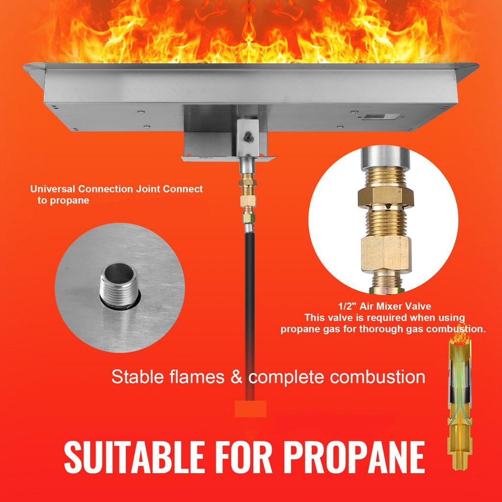 24 x 8 inch Drop-in Fire Pit Pan, Rectangular Stainless Steel Fire Pit Burner Kit, Propane Gas Fire Pan 120, 000 BTU